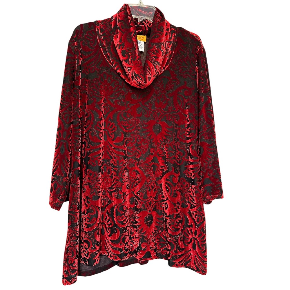 Ruby Rd Woman Red Black Damask Burnout Velvet Cowl Neck Tunic Top 1X Maximalism